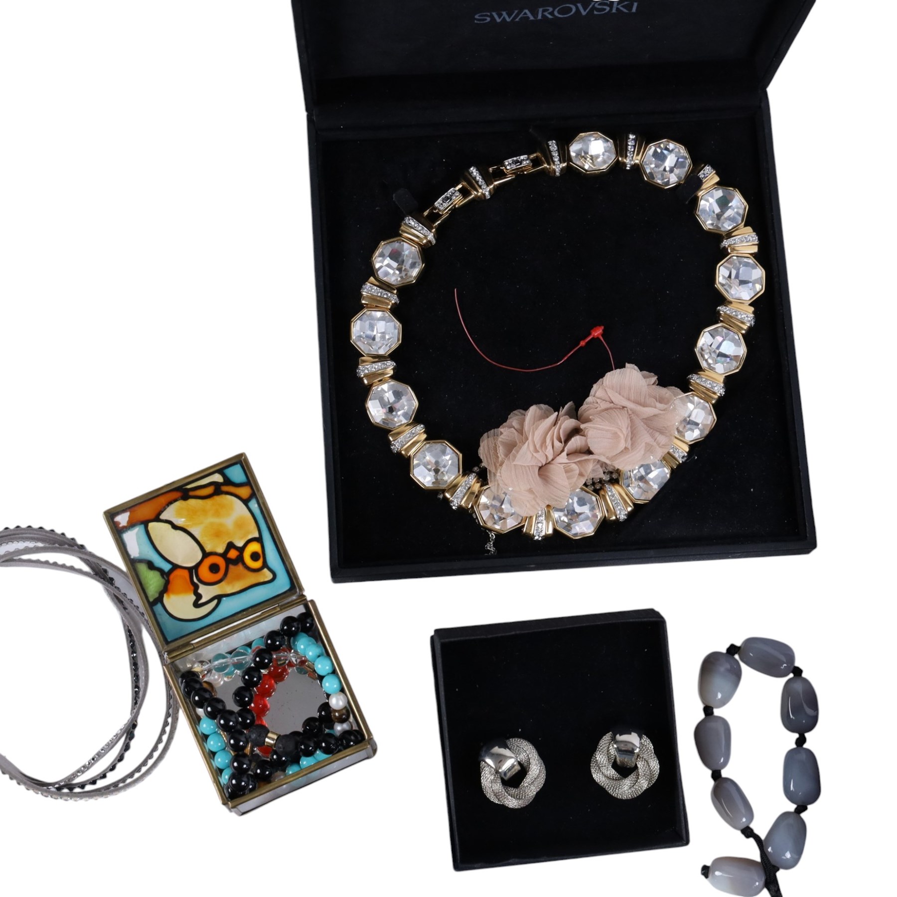 Collection of boxed Swarovski crystal jewellery, including statement necklaces, rings, bracelets and earrings, and a collection of costume jewellery including beaded necklaces