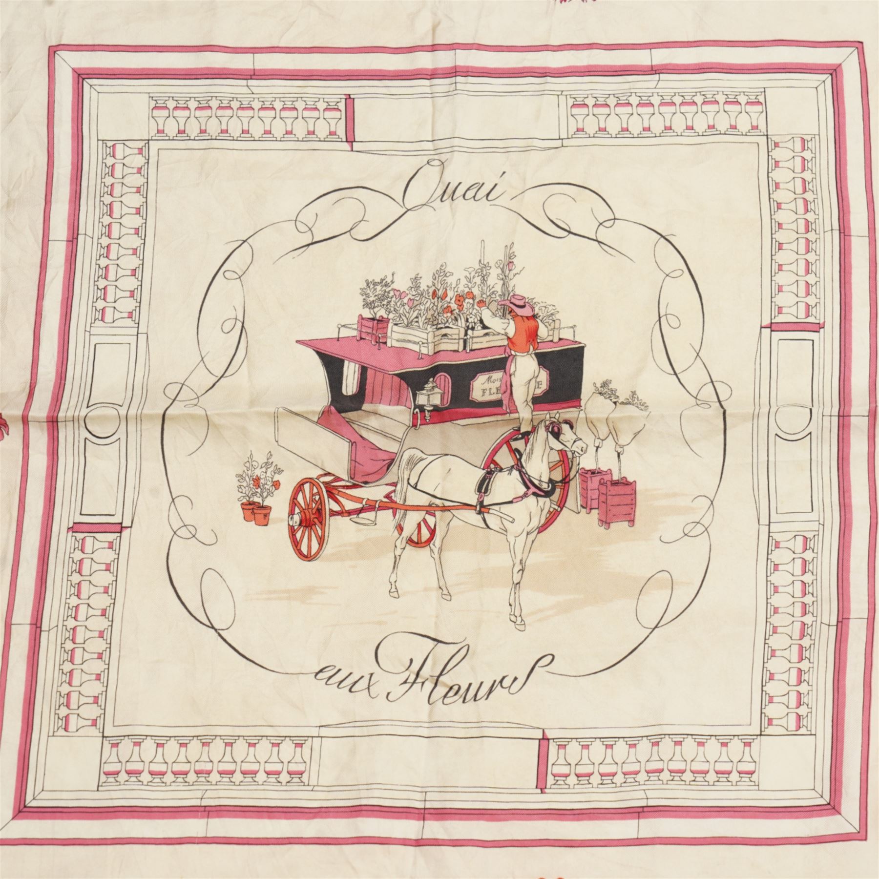 Hermes 'Quai aux Fleurs' silk scarf, in pink and cream colourway, designed by Hugo Grygker, 86cm x 89cm