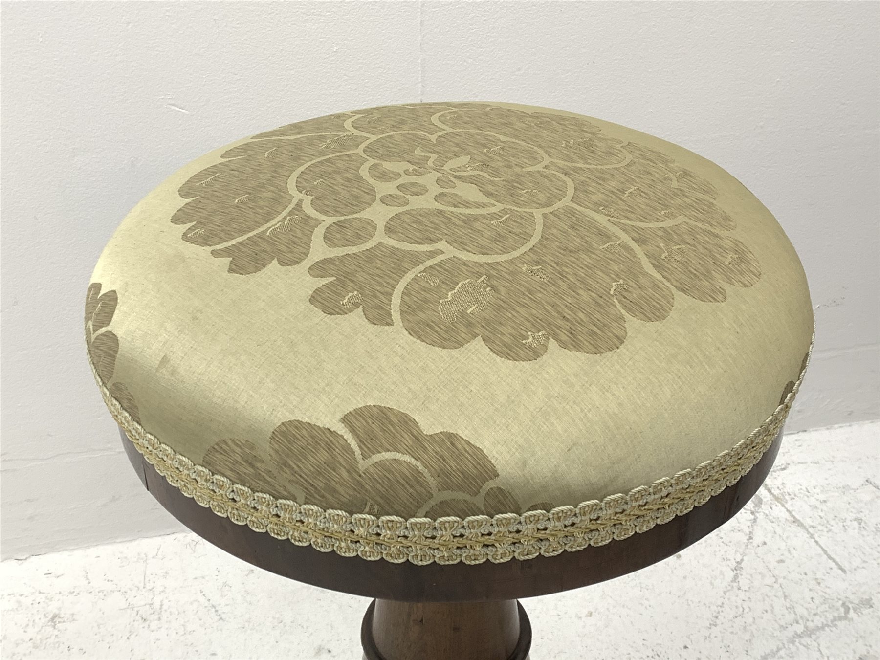 Victorian rosewood adjustable piano stool, circular revolving upholstered seat on turned column support, lobe carved platform base, three scroll carved feet, H53cm (lowest height)