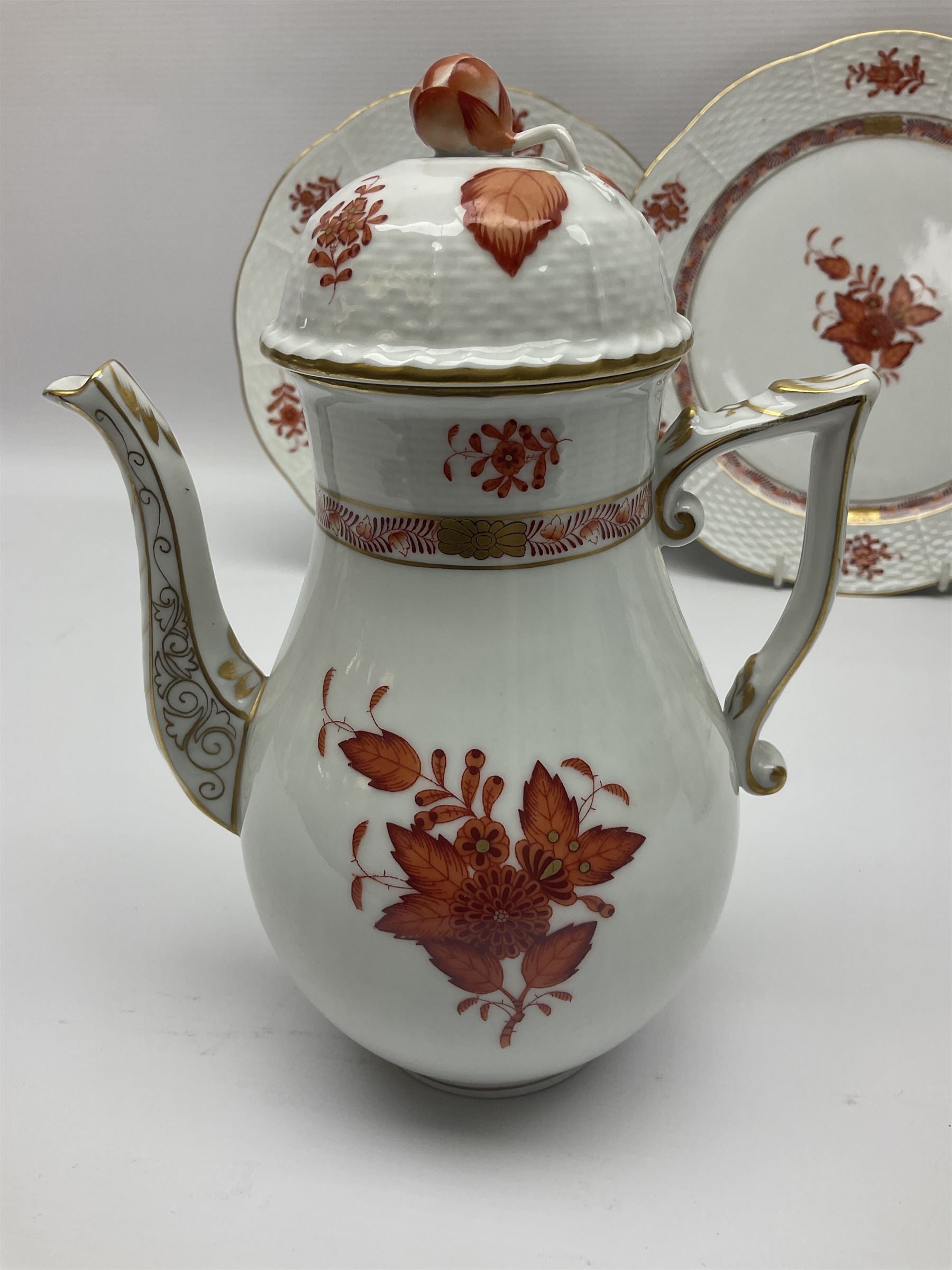 Herend Chinese Bouquet Rose pattern tea service comprising teapot, coffee pot, open sucrier, six cups and saucers, six tea plates, cream jug and stand, milk jug, two teabag holders, preserve pot, two leaf shaped dishes, four egg cups, salt & pepper pots, pair side plates and another plate