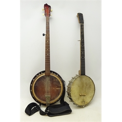  Two 22 fret five string banjos, one with skin drum and open back the other with resonator (2)  
