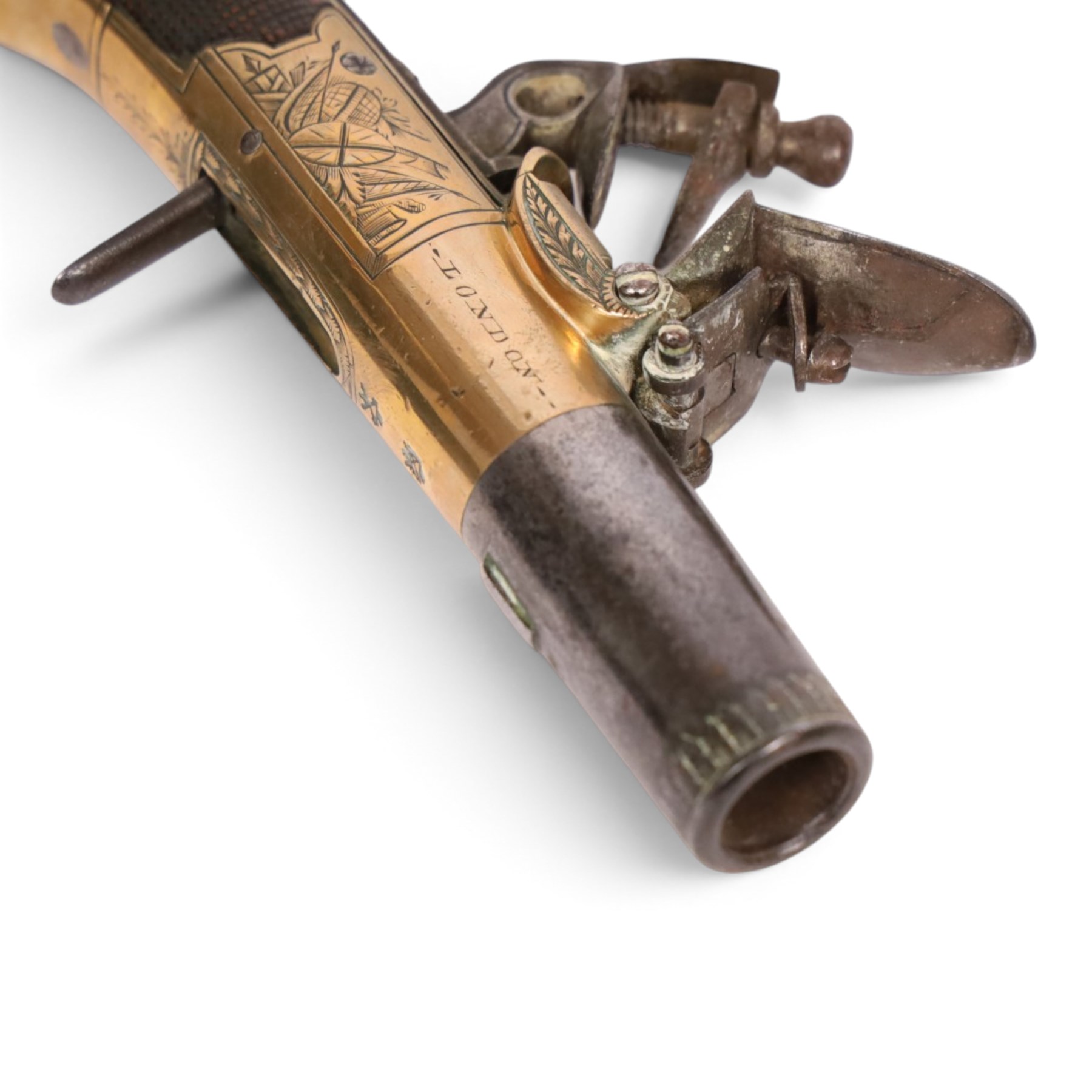 Pair early 19th century flintlock pocket pistols by Twigg of London, with 4cm twist-off barrel, concealed trigger, engraved and named action, chequered stock with vacant wrist cartouche and lion mask butt cap, overall L15cm 