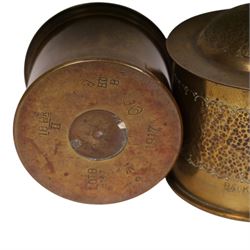 Three WWI trench art tobacco jars including an example with the lid embedded with silver rupees, largest H15cm 