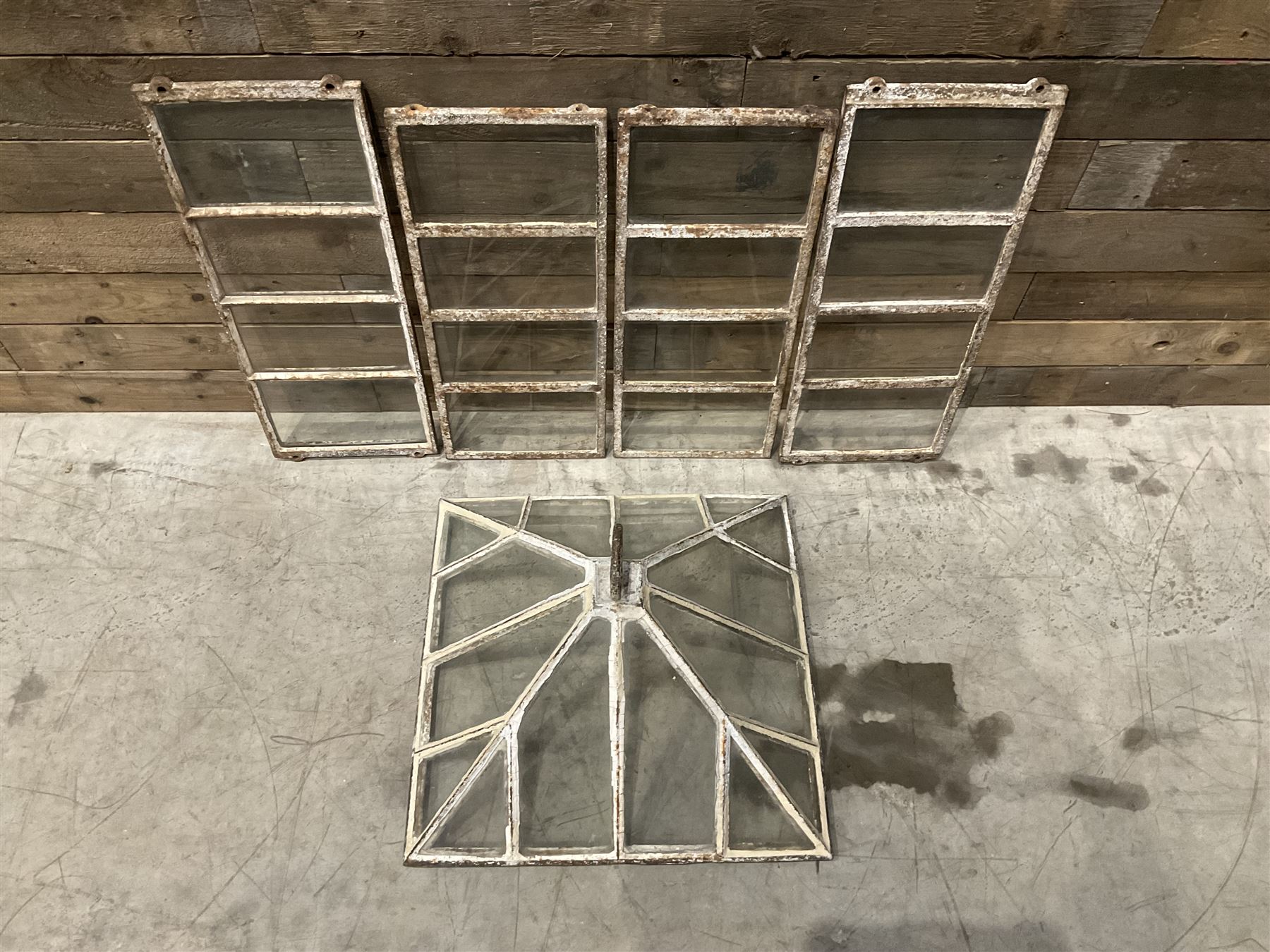 Victorian painted iron framed square garden cloche lantern, with associated sides (larger than the top piece), no fittings