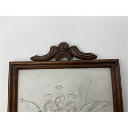 KPM Berlin lithophane panel, of two angels supporting a female figure to the centre, encased in a rosewood frame and handle, H42cm