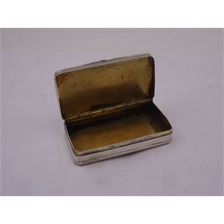 Late 19th century Dutch silver snuff box, of rounded rectangular form, engraved with vacant shaped panel with foliate surround, and engine turned decoration, the hinged cover opening to reveal a gilt interior, stamped with dolphin mark, and makers mark, possibly for N S Visser & Co, W7cm, approximate weight 1.19 ozt (37 grams)