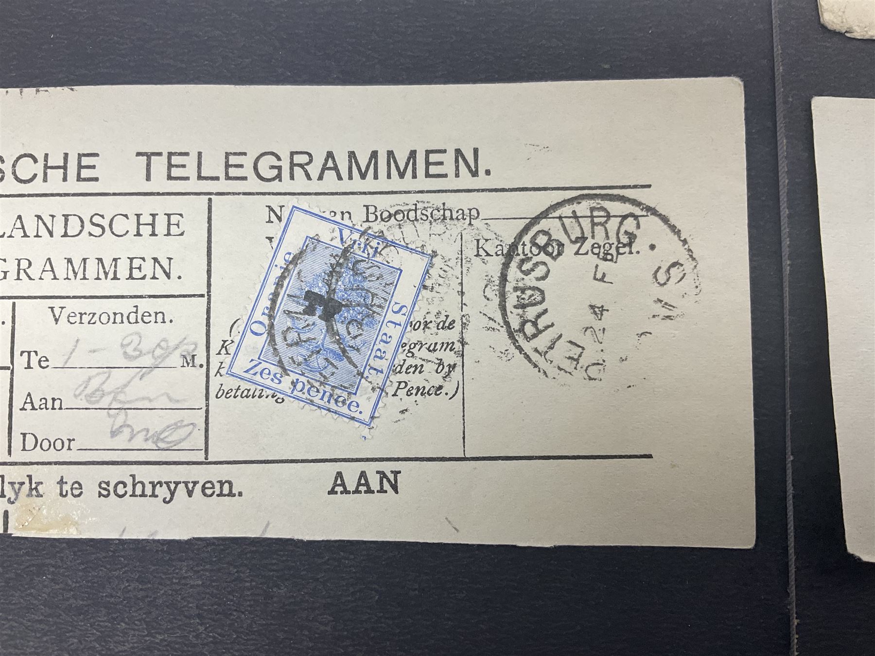 South Africa, Orange Free State, partial cover with one penny stamp cancelled with various postmarks 'Stopped By Censor Return To Sender' purple rectangular stamp and 'V R Opened Under Martial Law' pink slip and three telegrams with various stamp values