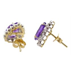 Pair of 9ct gold pear shaped amethyst and diamond stud earrings, stamped 375