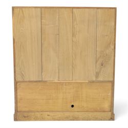 Lizardman - adzed oak media cabinet, adzed rectangular top above twin doors enclosing a shelved interior, above a fall front drawer, Yorkshire Rose carved handles, raised on castors, with carved lizard signature, by Derek Slater of Crayke  