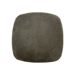 John Sankey - low armchair, buttoned back upholstered in tartan patterned fabric with contrasting grey leather, raised on turned and ebonised front feet with brass and ceramic castors, with matching foot stool