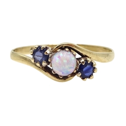  9ct gold three stone sapphire and opal ring, hallmarked   