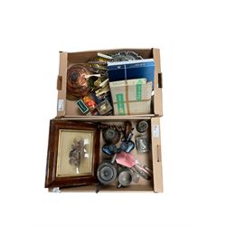 Various collectables, to include pair of barley twist candlesticks, hand held dressing table mirror with pink guilloche enamel back, copper hot water bottle, pair small brass water stoops, small novelty brass scuttle, various flatware, etc., in two boxes