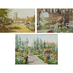 Hilary Johnson (British 20th century): 'Godshill Isle of Wight' and Garden Views, three watercolours signed, max 29cm x 40cm (3)