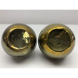 Pair of brass 1924 commemorative tea caddies, of ovoid form the waist embossed with 'British Empire Exhibition 1924' 'Lipton's Souvenir Tea Caddy', H18cm