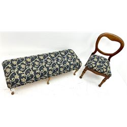 Rectangular footstool upholstered in a blue ground fabric with floral pattern, cabriole legs (W120cm, H37cm, D40cm) and a Victorian bedroom chair with matching upholstered seat (W47cm)