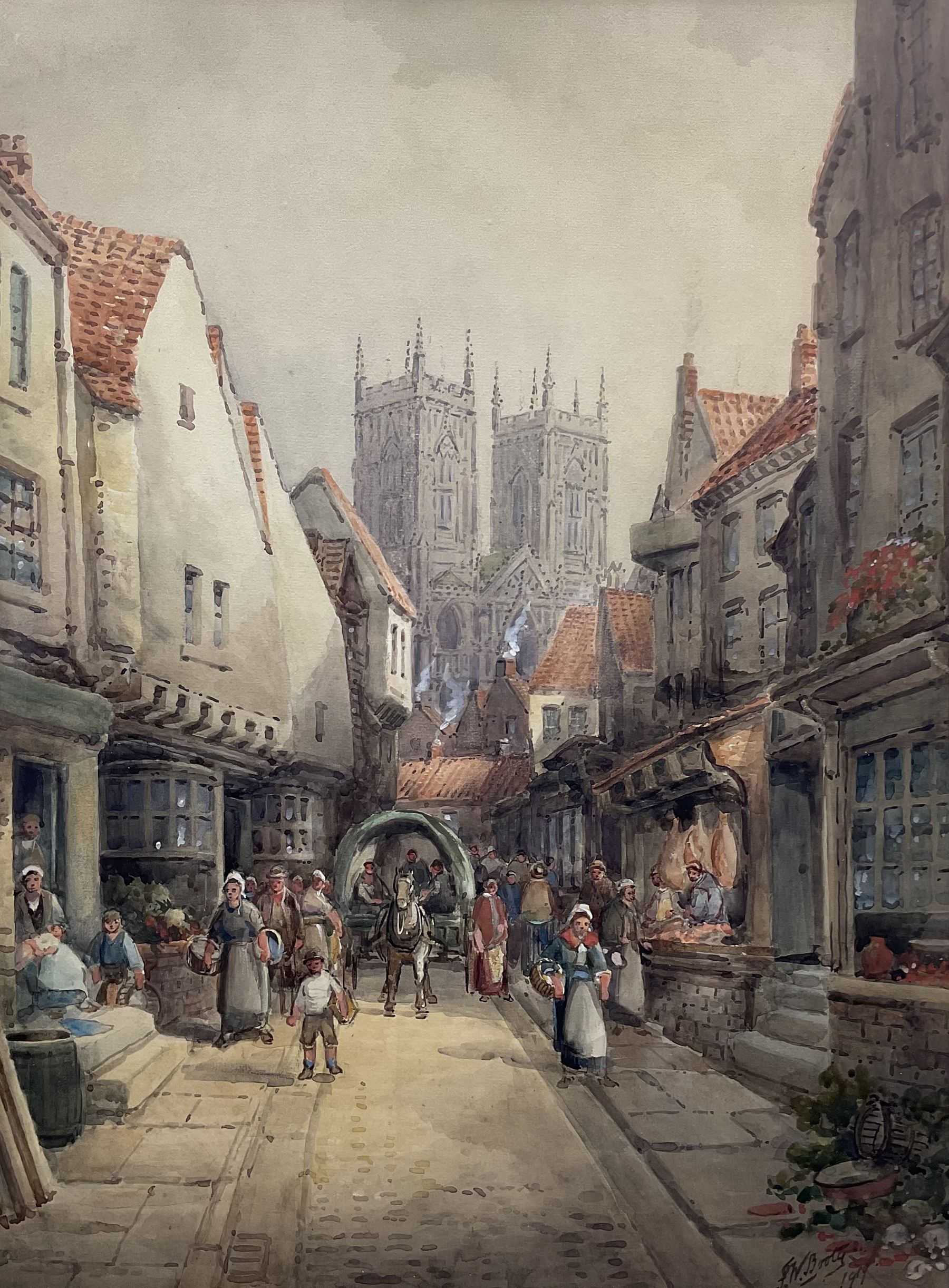 Frederick William Booty (British 1840-1924): Stonegate looking towards York Minster, watercolour signed and dated 1919, 60cm x 44cm 
Provenance: private collection, purchased H C Chapman & Son Scarborough 11th June 1991 Lot 334