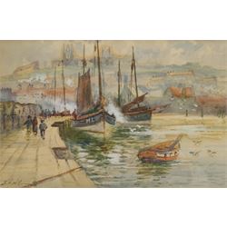John Wynne Williams (British fl.1900-1920): Whitby Harbour with view of Abbey and Hull and Whitby Fishing Boats Anchored, watercolour signed 15cm x 23cm