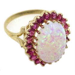  Gold opal and ruby cluster ring, hallmarked   