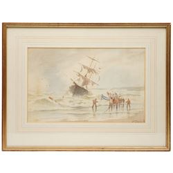 Joseph Eaman (British 1853-1907): Fisherman at Heavy Tides, watercolour signed 26cm x 41.5cm; After Frederick James Smyth (British fl.1841-1867): Stormy off Tynemouth Castle, hand-coloured engraving signed on the plate 24cm x 34cm; After Harry Hodges Tansley (British 1883-1961): Sheringham and Cromer, photographic print 18.5cm x 28.5cm (3)