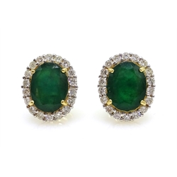  Pair of oval cut emerald and diamond gold cluster stud ear-rings, hallmarked 18ct, emeralds approx 6 carat, diamonds approx 2 carat  