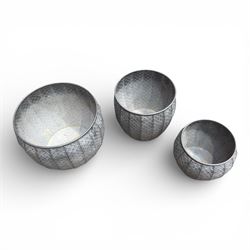 Set of three graduating galvanised circular planters