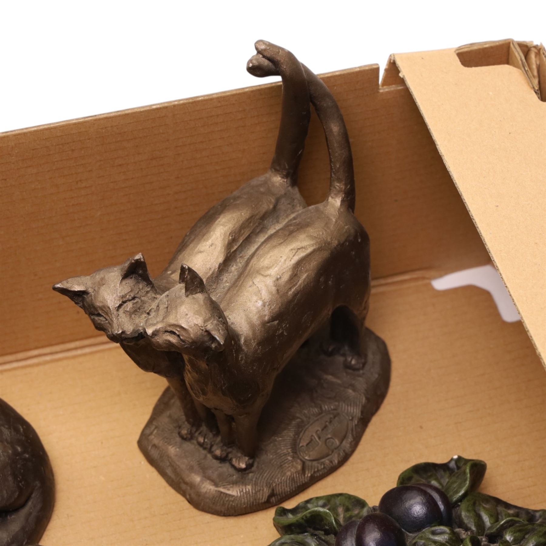 Collection of seven David Frith and other resin sculptures of cats and a small mirror