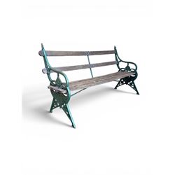 Coalbrookdale - Lily Pad design cast iron an wood slatted garden bench, late 19th century Aesthetic Movement, no. 217569, painted in green with iron centre support and seat stretcher, hardwood slatted
