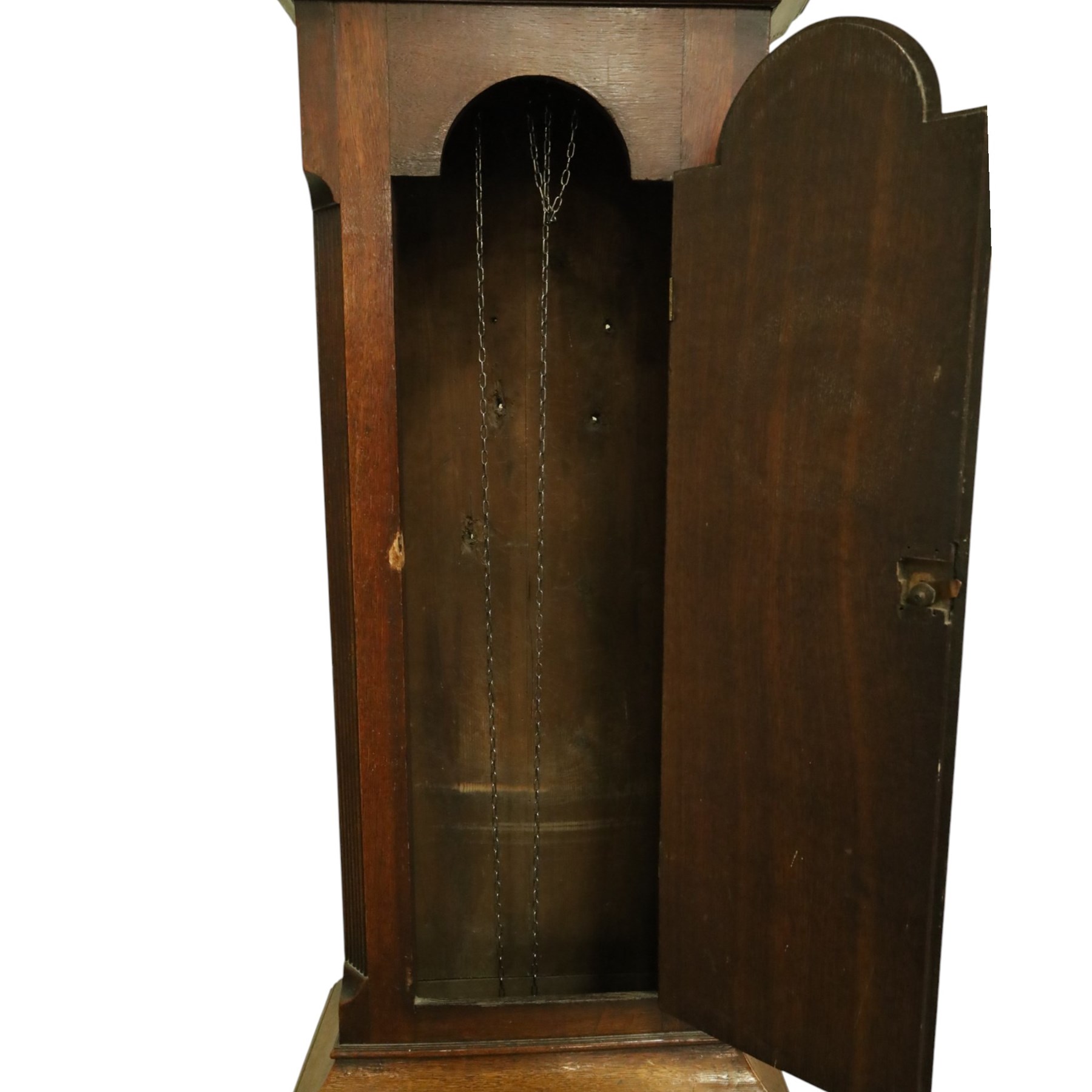 Thomas Small of Guisborough - George III oak eight-day longcase clock, the painted arched dial with calendar aperture, bird and floral decoration, the case with pierced fretwork broken swan-neck pediment and pilasters, reeded canted sides flanking arched trunk door
