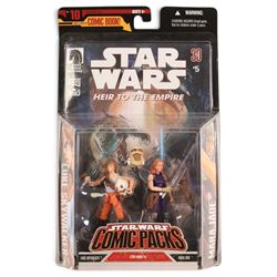 Four Hasbro Star Wars 3.75 inch figure Comic Packs, comprising The Hunt for Aurra Sing #31, Infinities #4, Star Wars Republic #55 and Heir to the Empire #5, all in blister packs