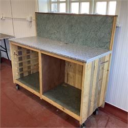Mobile wooden serving/preparation trolley, with tray slides - THIS LOT IS TO BE COLLECTED BY APPOINTMENT FROM DUGGLEBY STORAGE, GREAT HILL, EASTFIELD, SCARBOROUGH, YO11 3TX