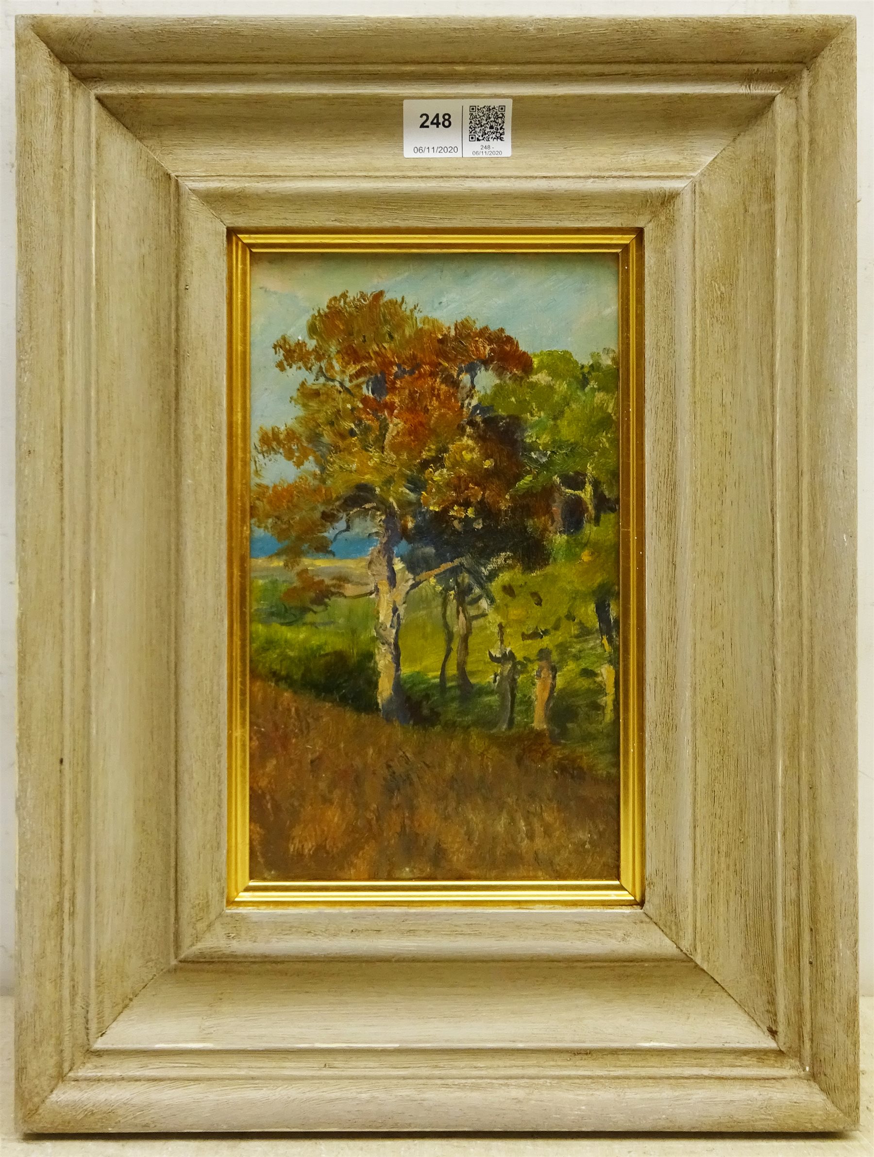 George Faulkner Wetherbee RI, ROI (American 1851-1920): Land Beach and Village scenes, set four oils on panels, one signed verso 13cm x 23cm (4) 