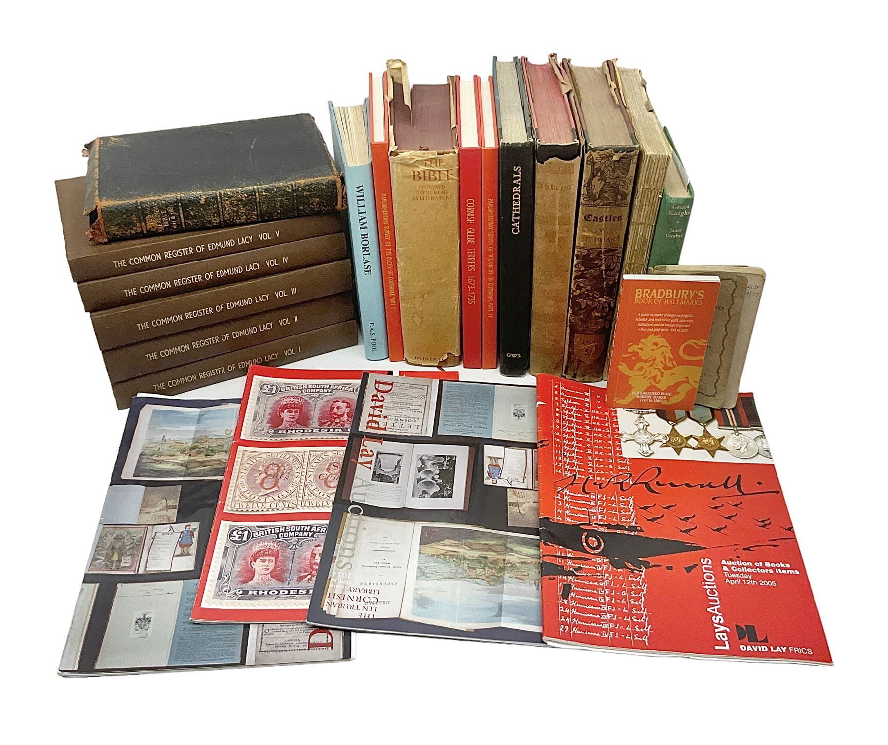 Collection of books, to include four 1920s Great Western Railway publications on Abbeys, Castles and Cathedrals, including three hardback examples, together with The Bible Designed to be Read as Literature, The Register of Edmund Lacy Bishop of Exeter 1420-1455 Vols 1-5, Laura Knight by Janet Dunbar, A Calendar of Cornish Glebe Terriers 1673-1735, The Parliamentary Survey of the Duchy of Cornwall Parts 1 and 2 and two Bradburys Hallmarks books