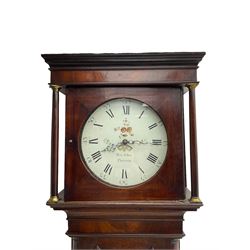 Henry Fisher of Preston (Lancs) -  late 18th century 30-hour oak and mahogany longcase clock c1790, with a flat topped pediment and moulded cornice, square hood door flanked by two plain pillars with brass capitals, trunk with recessed quarter columns, three-quarter length trunk door with an ogee twin spire top and crossbanding, rectangular plinth with canted corners and a narrow applied moulding to the base, circular 13” painted dial with Roman numerals, minute markers and five minute Arabic's, floral decoration to the centre and a semi-circular calendar aperture with date disc behind, original steel serpentine hands, dial inscribed “H Fisher, Preston”, dial pinned directly to a weight driven countwheel striking movement, striking the hours on a cast bell. With pendulum and weight.
Henry Fisher is recorded as working in Preston from 1742-95.
