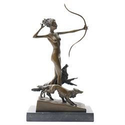 Bronze figure of Diana and her hounds, signed 'Lozenzl' to base, H33cm 