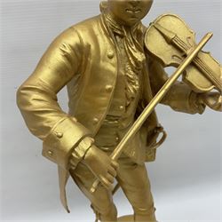 After Émile Bruchon, Mozart, gold painted figure upon a wooden plinth, H51cm