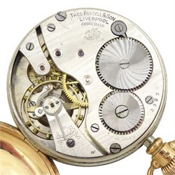 Early 20th century 9ct gold open face 'Tempus Fugit' keyless lever pocket watch by Thomas Russell & Sons, Liverpool, No. 33820, white enamel dial with Roman numeral hour markers and subsidiary seconds dial, case by Dennison, Birmingham  1921