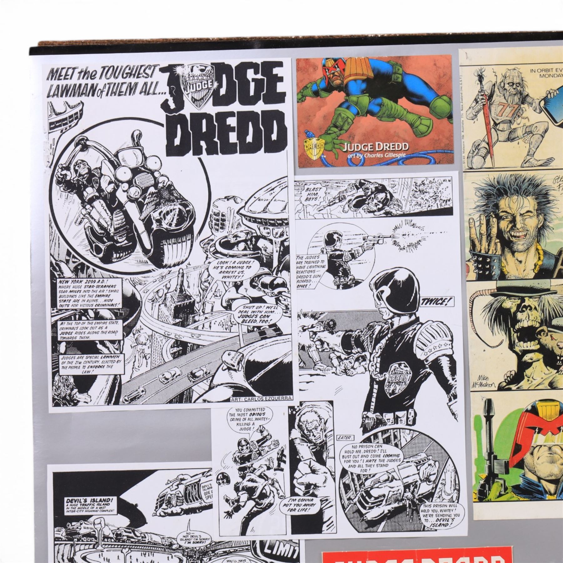 The X Files montage, including cast images, stills and advertisements, within acrylic frame, together with a Judge Dredd montage, including comic cover and comic strips, largest 46x61cm

Notes: This item is from the private collection of Arthur C. Clarke's brother.