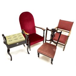 Edwardian mahogany nursing chair, carved and pierced back, upholstered seat, turned supports (W46cm) a low armchair upholstered in a red fabric (W67cm) a piano stool and another armchair (4)