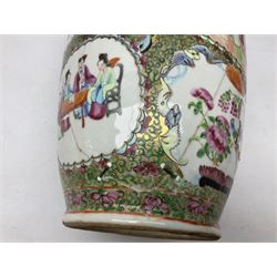 19th century Chinese Canton Famille Rose vase of shouldered form, decorated with figural panels upon dense foliate and gilt ground with birds and butterflies, H43cm