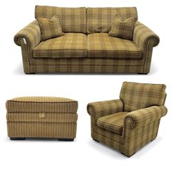 Parker Knoll - three-seat sofa; matching armchair and footstool, all  upholstered in ochre...