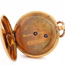 19th / early 20th century 18ct gold open face key wound pocket watch, gilt dial with Roman numeral hour markers, engraved foliate case with empty cartouche, the inner dust cover engraved H. Samuel, Manchester, stamped K18 with Helvetia hallmark