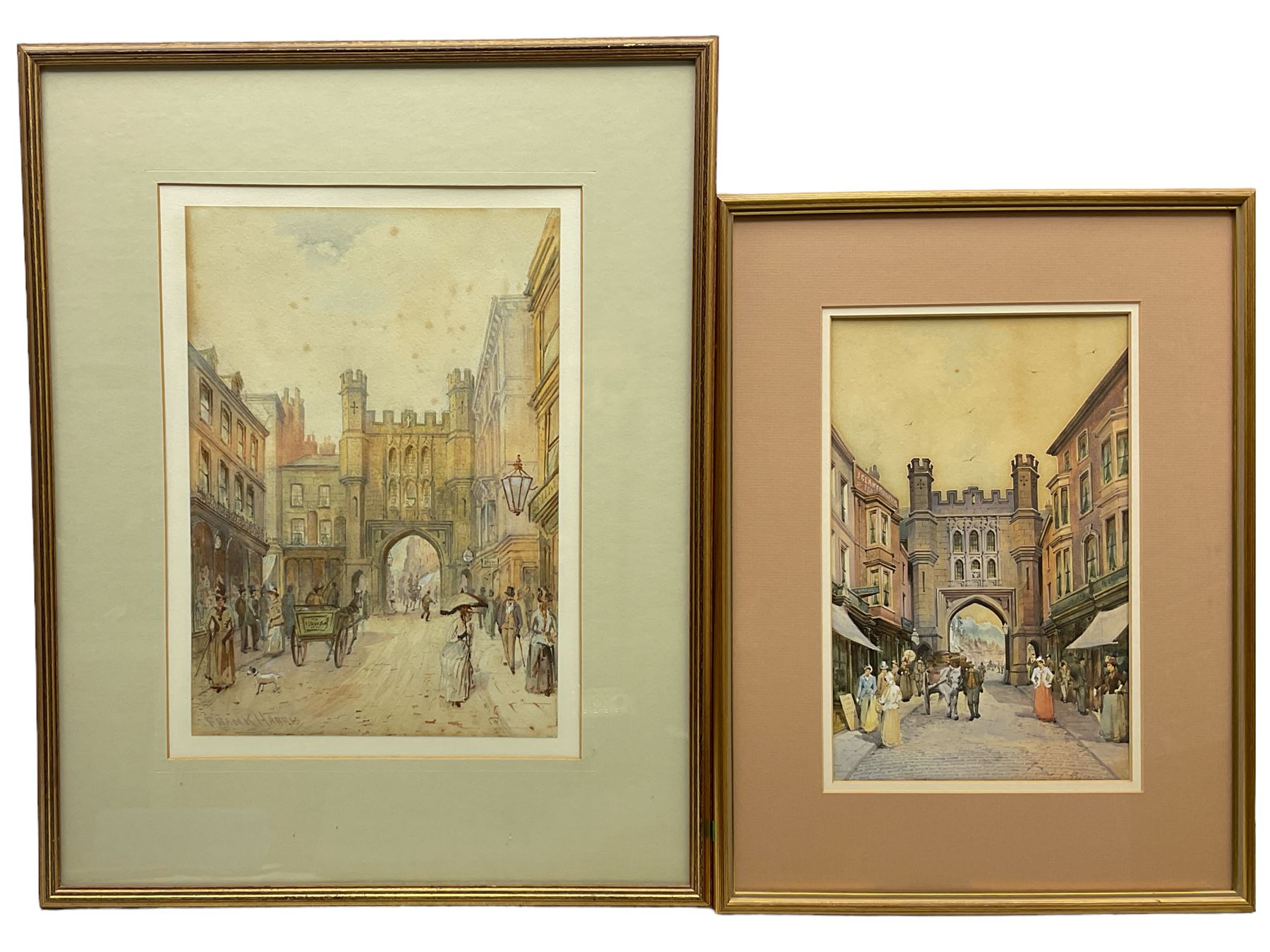 Charles Rousse (British fl.1870-1890): Newborough Bar - Scarborough, watercolour signed; Frank Harris (British 19th century): Scarborough Victorian Street Scene, watercolour signed max 34cm x 24cm (2)