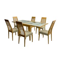 Beech framed extending glass-top dining table and set six beech dining chairs, with high slatted backs
