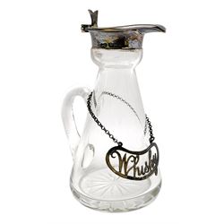Edwardian silver mounted whisky noggin, of tapering cylindrical form with hinged flat cover, H11cm, together with a silver whisky label, each hallmarked Levi & Salaman, Birmingham 1909