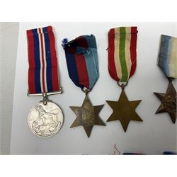 Twelve WW2 medals comprising four Atlantic Stars, three 1939-1945 Stars, three 1939-1945 War medals, Italy Star and Defence Medal with slip; together with two unrelated WW2 medal slips