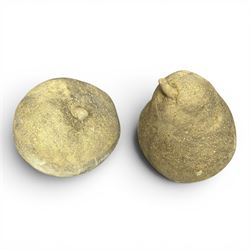 Pair of weathered cast stone garden models of fruit, in the form of an apple and pear
