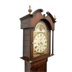 Ralph Weston (III) of Wolsingham (Co Durham)  -  Mahogany cased 30-hour Longcase clock, broken arch pediment with brass paterie and two ball and spire finials, break arch hood door flanked by reeded pilasters with brass capitals, trunk with canted corners and long flat topped door, rectangular plinth raised on bracket feet, painted dial with depictions of the four seasons to the spandrels and a working moon disc to the arch, with Roman numerals, dummy winding arbors, dummy seconds dial, calendar dial and steel hands, Dial pinned directly to a countwheel striking chain driven movement, with weight and pendulum.  
The Weston family of County Durham clockmakers were highly prolific family of North-Eastern clockmakers during the 18th and 19th century, Well known for producing many Thirty-Hour clocks with 