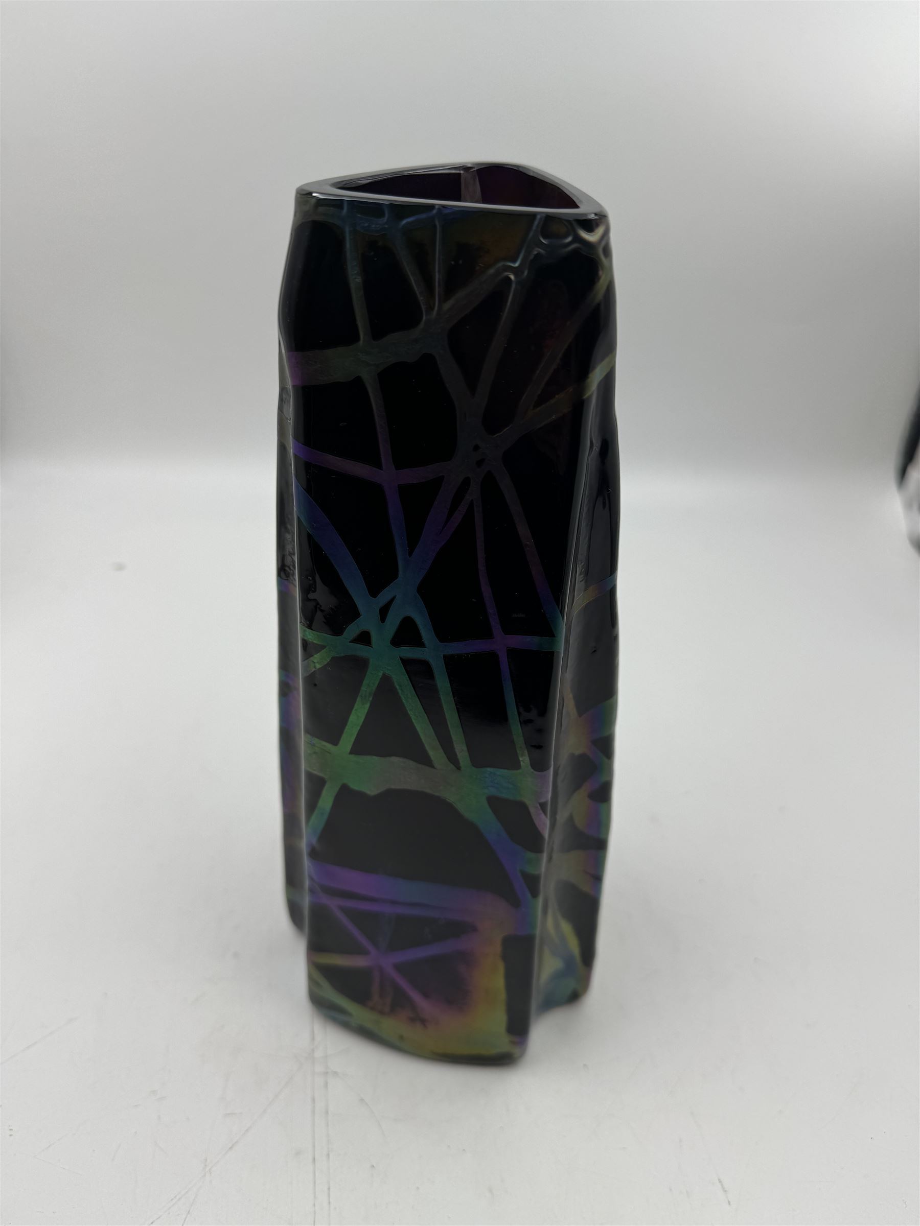 Austrian Art Nouveau Pallme-Konig vase, the tapering triangluar iridescent black glass body with irregular matt thread decoration, H26cm