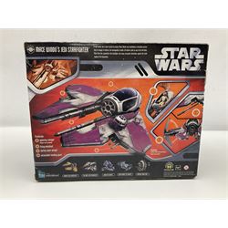 Star Wars - The Saga Collection - Mace Windu's Jedi Starfighter; boxed; and twelve carded figures comprising Biker Scout, General Grievous, At-At Driver, Clone Trooper Sergeant, various other Clone Troopers and Commander Cody, Snowtrooper and Scorch Republic Commander; all in unopened blister packs (13)