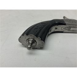 Mid-19th century French Boissy 12mm single barrel pin-fire pistol, the 9.5cm rifled barrel with brown stub twist damascus decoration, side screw under lever opening and English proof marks, retailed by H. Akrill Beverley, chased action with drop-down trigger and carved walnut stock L21cm